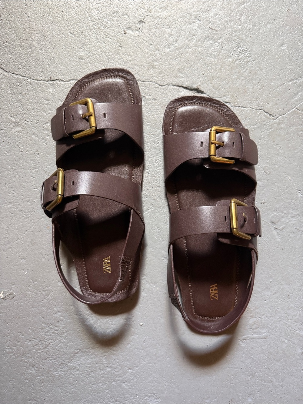ZARA Dark Brown Double-Buckle Slide Sandals with Gold Buckles